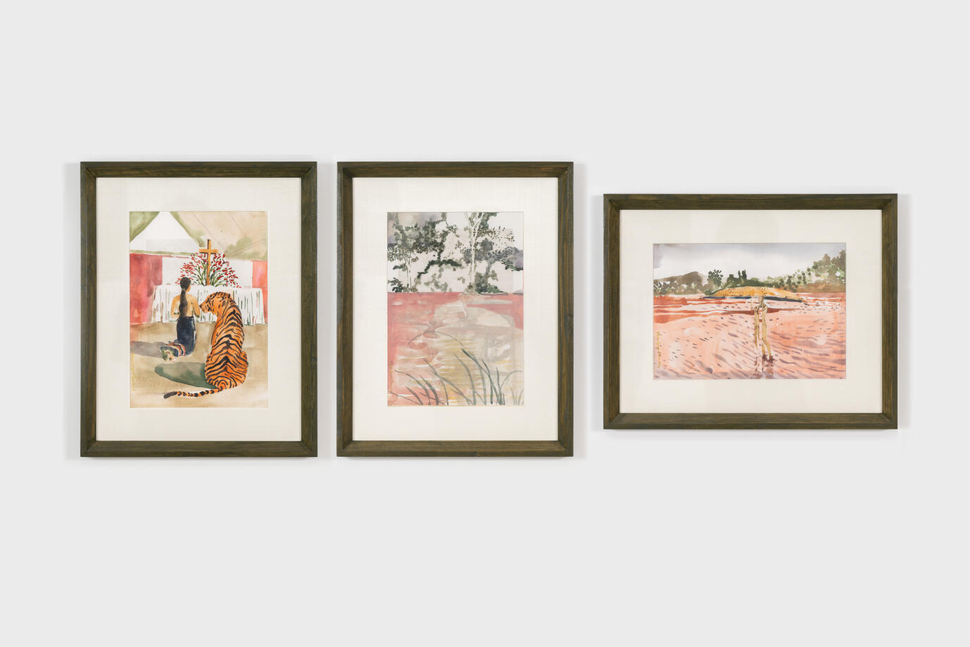 click to enlarge- double click to reduce Thảo Nguyên Phan, Forêt, Femme, Folie, 2024. Watercolor and digital print on paper, in artist frame, a set of three. Work: 29.7 x 21 cm; 11 ¾ x 8 ¼ in, Framed: 44.5 x 36 x 3 cm; 17 ½ x 14 ⅛ x 1 ⅛ in